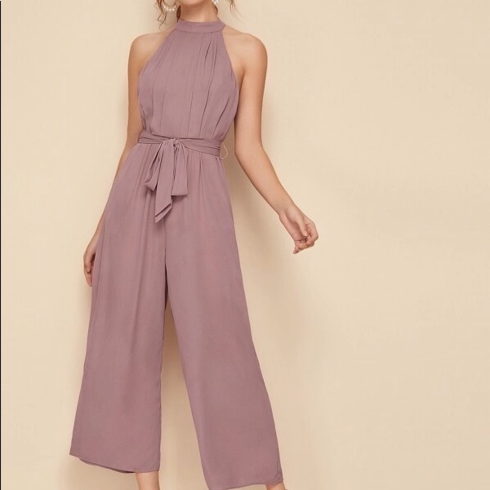 SHEIN Split Back Belted Halter Palazzo Jumpsuit in Dusty Pink